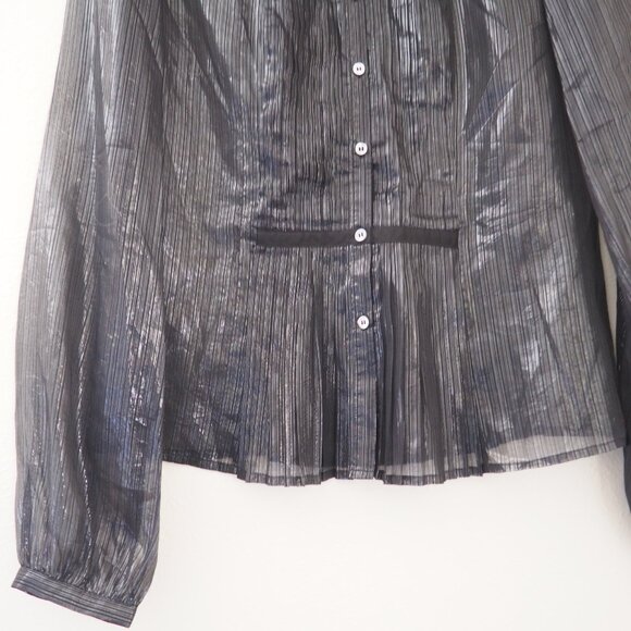 * Club Monaco Black Silk Long Sleeve Metallic Thread Sheer Pleated Detail Blouse - Picture 3 of 6
